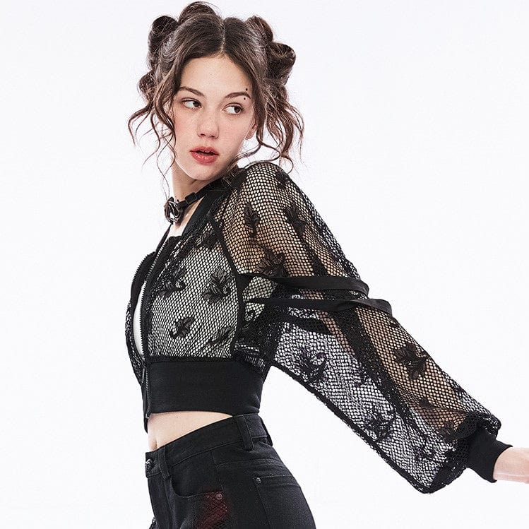 PUNK RAVE Women's Punk Floral Sheer Mesh Short Jacket