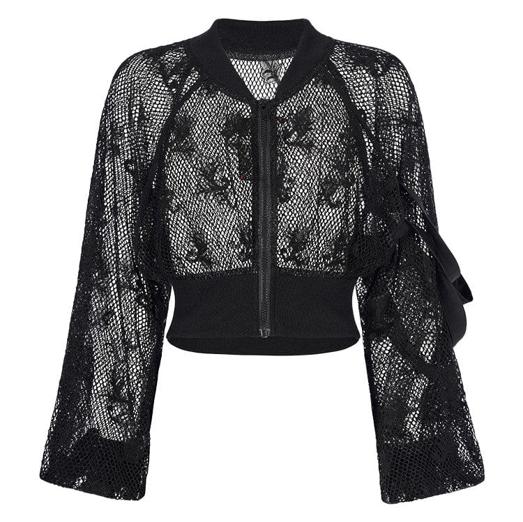 PUNK RAVE Women's Punk Floral Sheer Mesh Short Jacket