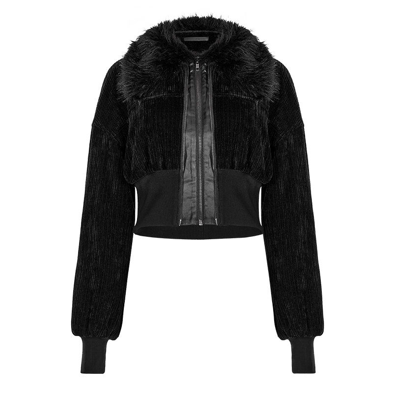 PUNK RAVE Women's Punk Fluffy Collar Double Zipper Jacket