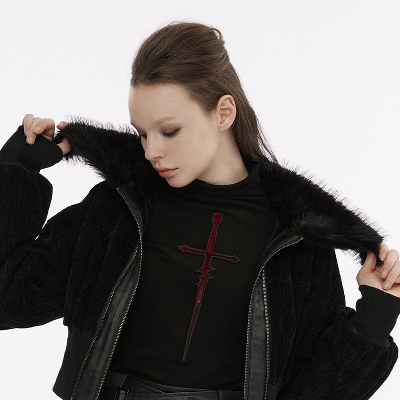 PUNK RAVE Women's Punk Fluffy Collar Double Zipper Jacket