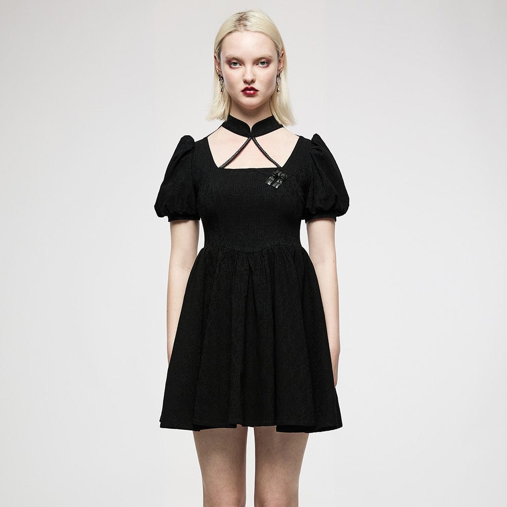 Punk Rave Women's Punk Halterneck Puff Sleeved Jacquard Black Little Dress