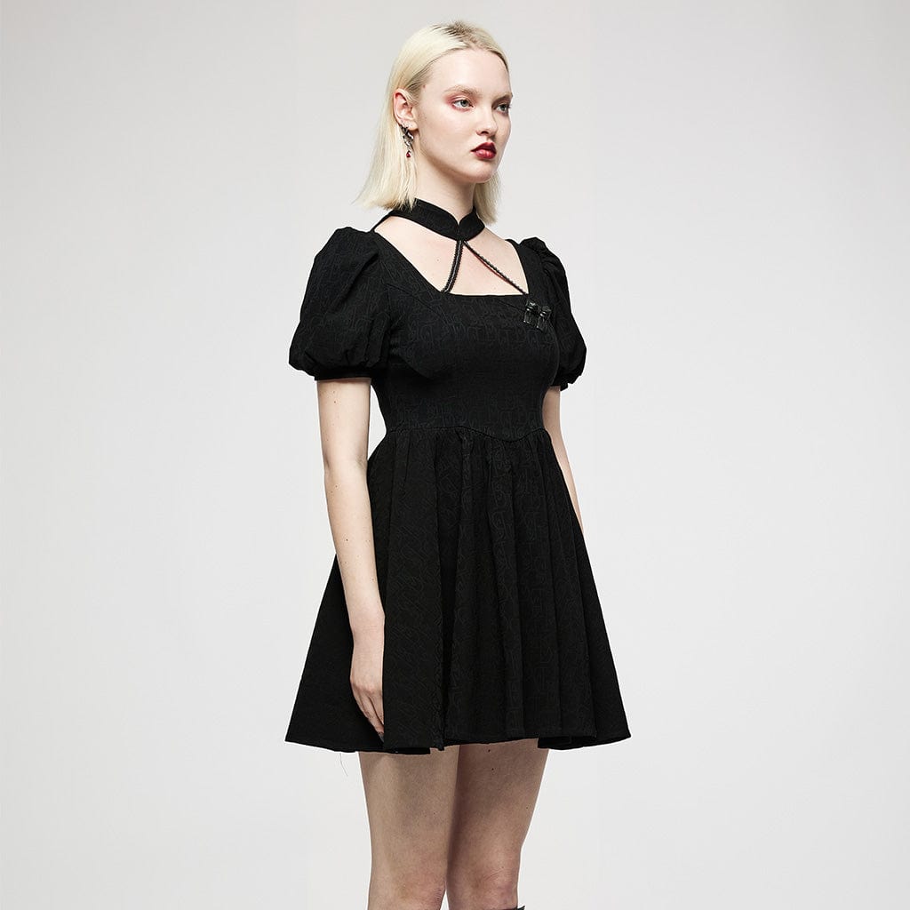 Punk Rave Women's Punk Halterneck Puff Sleeved Jacquard Black Little Dress