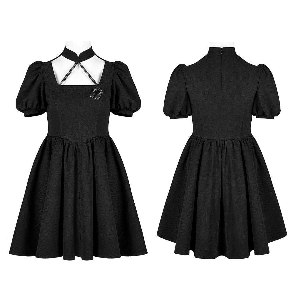 Punk Rave Women's Punk Halterneck Puff Sleeved Jacquard Black Little Dress