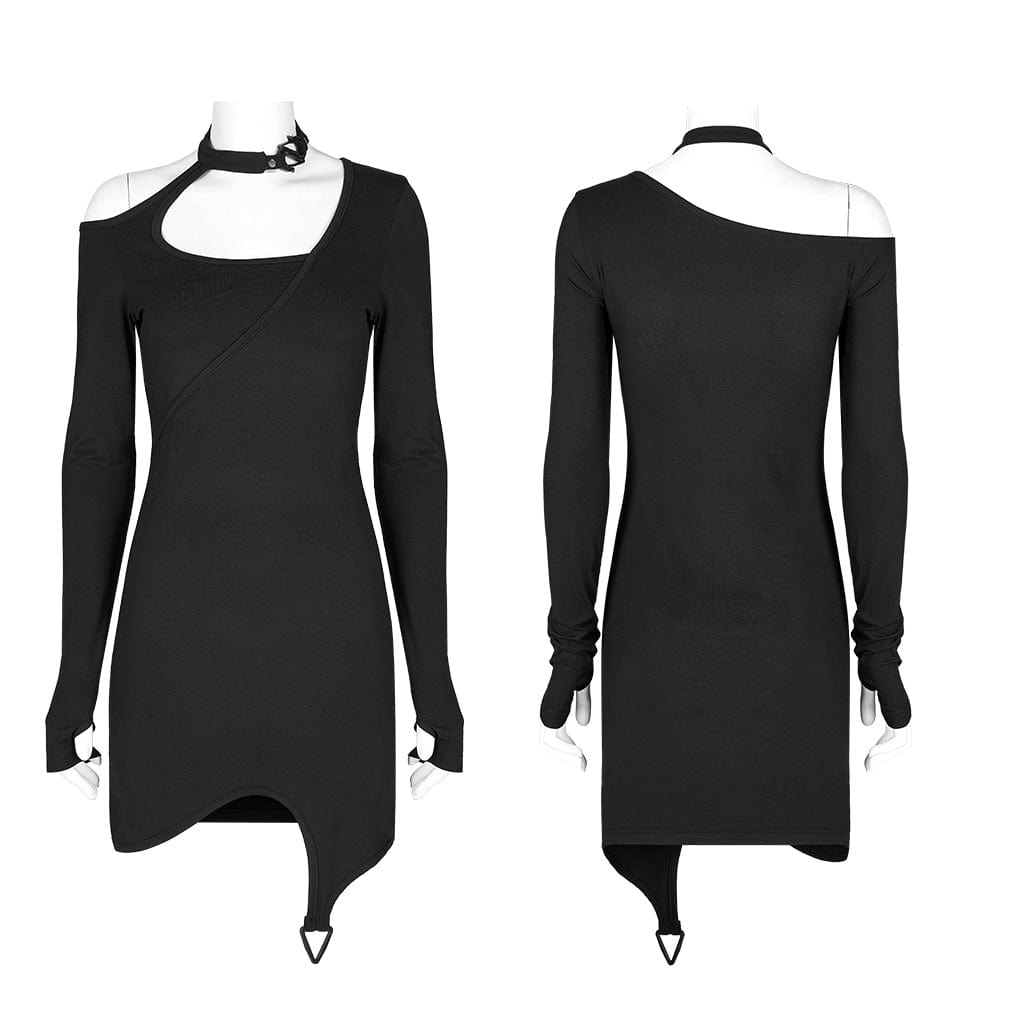 Punk Rave Women's Punk Halterneck Slash Shouder Long Sleeved Dress