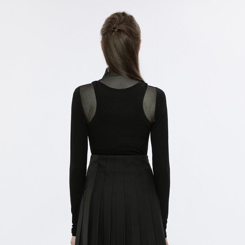 PUNK RAVE Women's Punk High Collar Mesh Splice Shirt