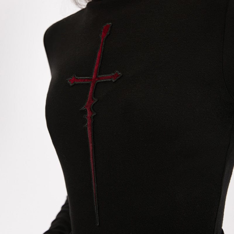 PUNK RAVE Women's Punk High-necked Cross Embroidered Shirt