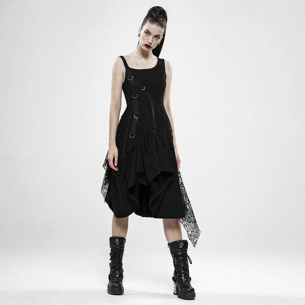 Women's Punk Irregular Black Plaid Slip Dresses With Mesh Ruffles