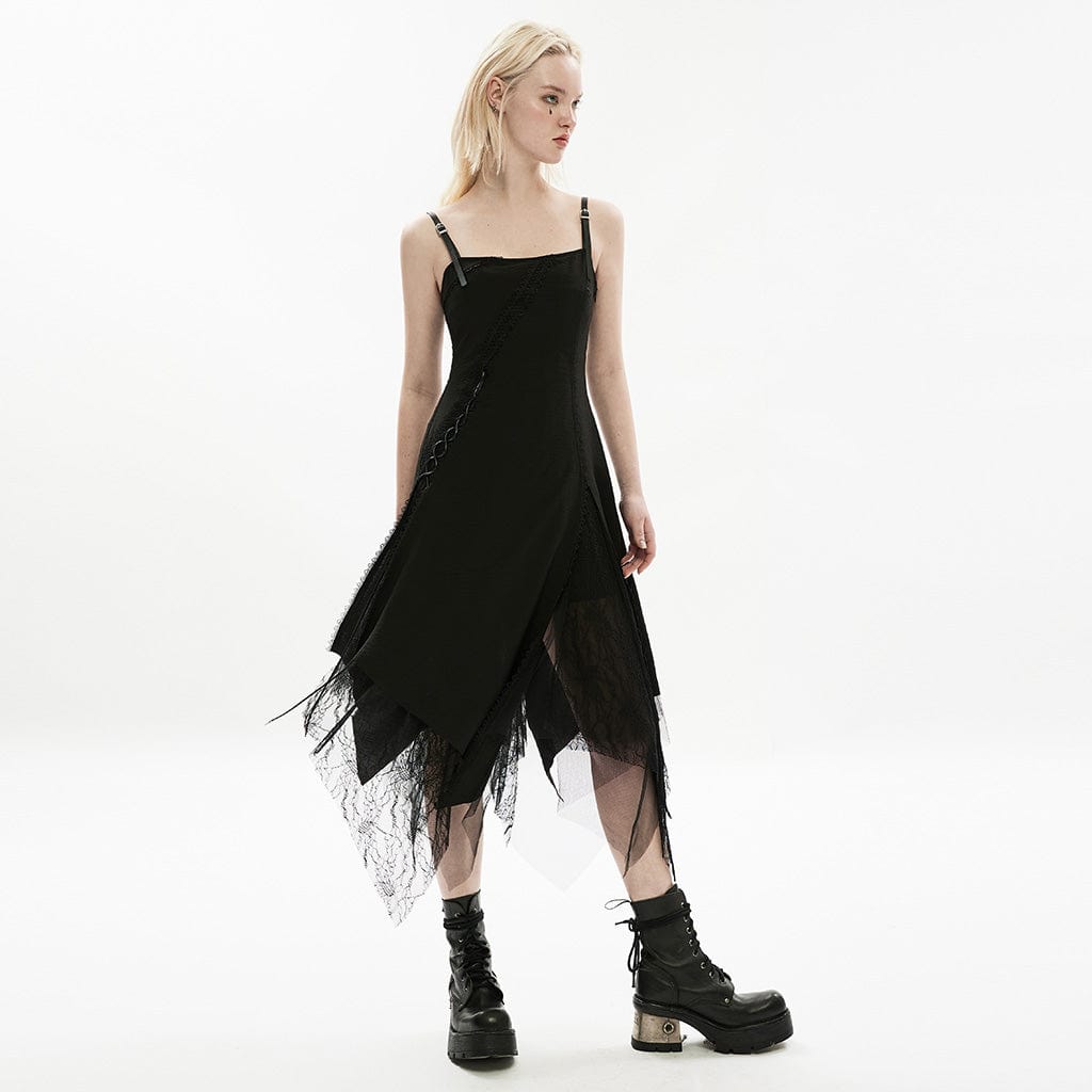 PUNK RAVE Women's Punk Irregular Lace Splice Slip Dress