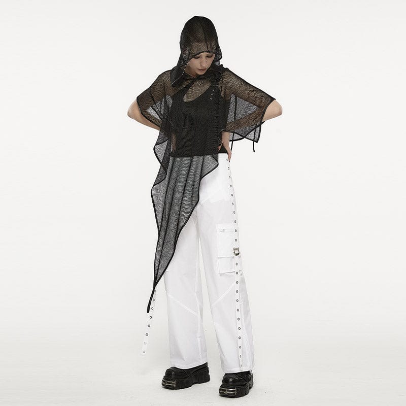 PUNK RAVE Women's Punk Irregular Mesh Cloak with Hood