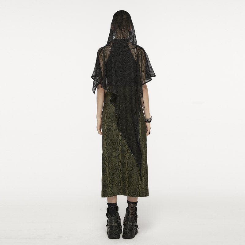 PUNK RAVE Women's Punk Irregular Mesh Cloak with Hood