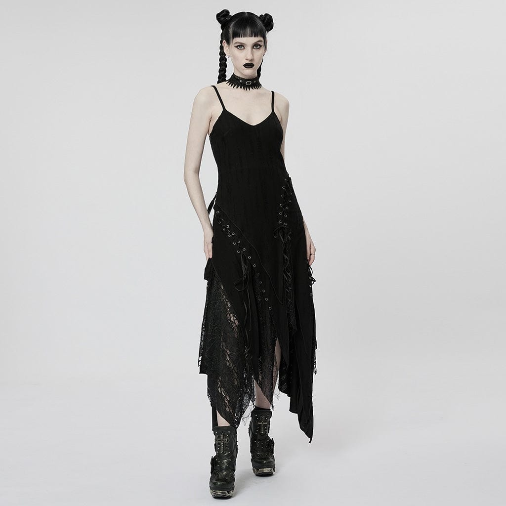 PUNK RAVE Women's Punk Irregular Mesh Splice Slip Dress