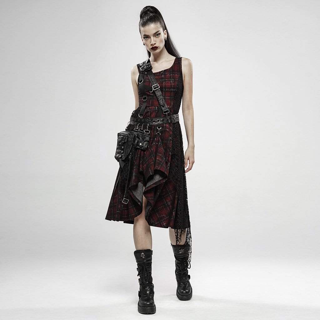 Women's Punk Irregular Red Plaid Slip Dresses With Mesh Ruffles