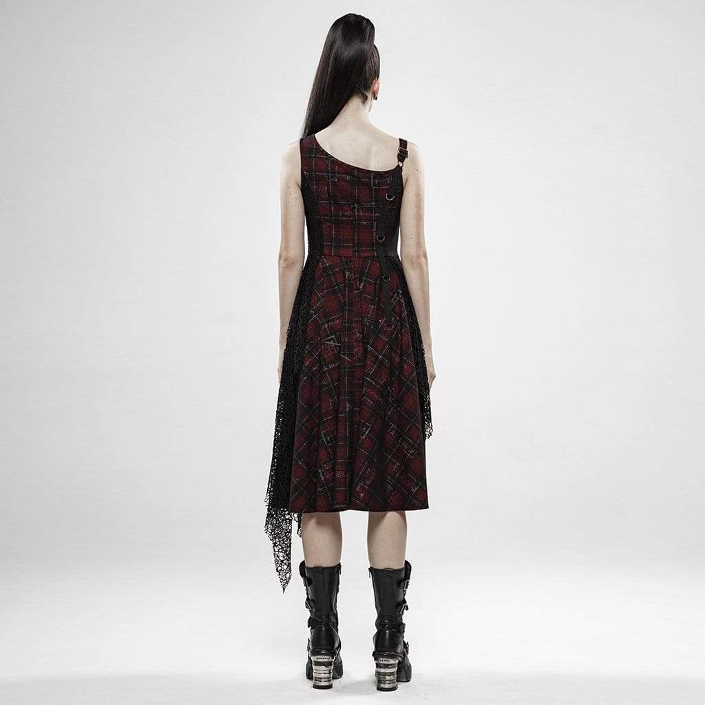 Women's Punk Irregular Red Plaid Slip Dresses With Mesh Ruffles