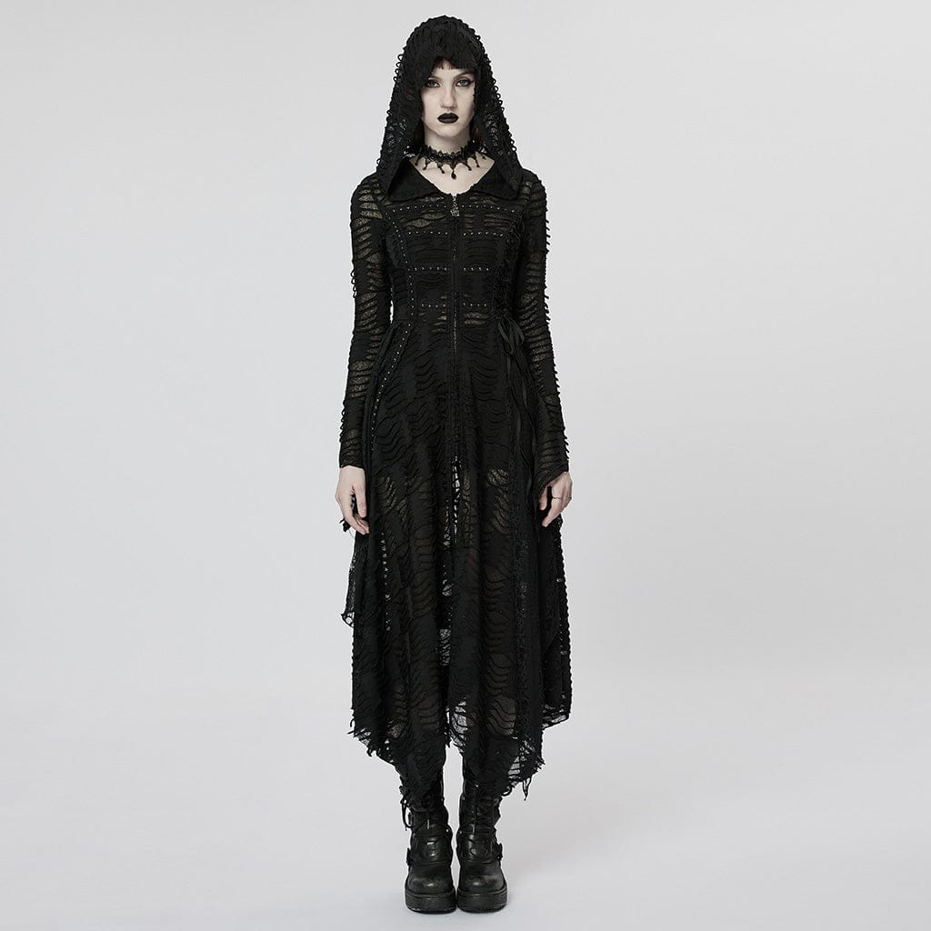 PUNK RAVE Women's Punk Irregular Ripped Long Coat with Hood