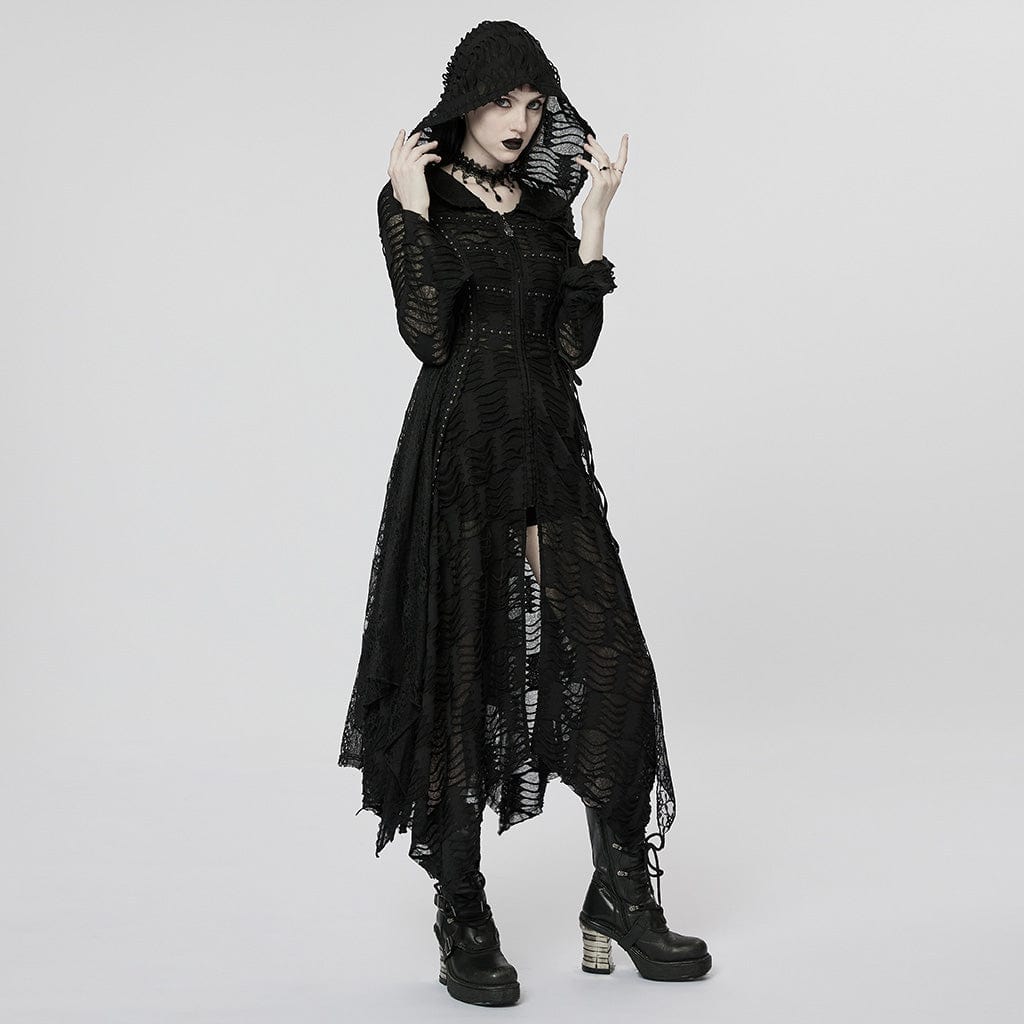 PUNK RAVE Women's Punk Irregular Ripped Long Coat with Hood