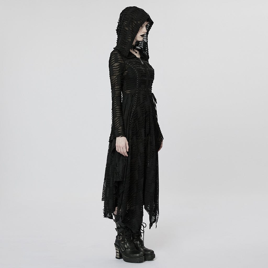 PUNK RAVE Women's Punk Irregular Ripped Long Coat with Hood