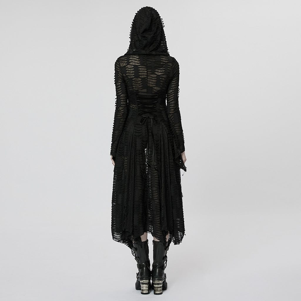 PUNK RAVE Women's Punk Irregular Ripped Long Coat with Hood