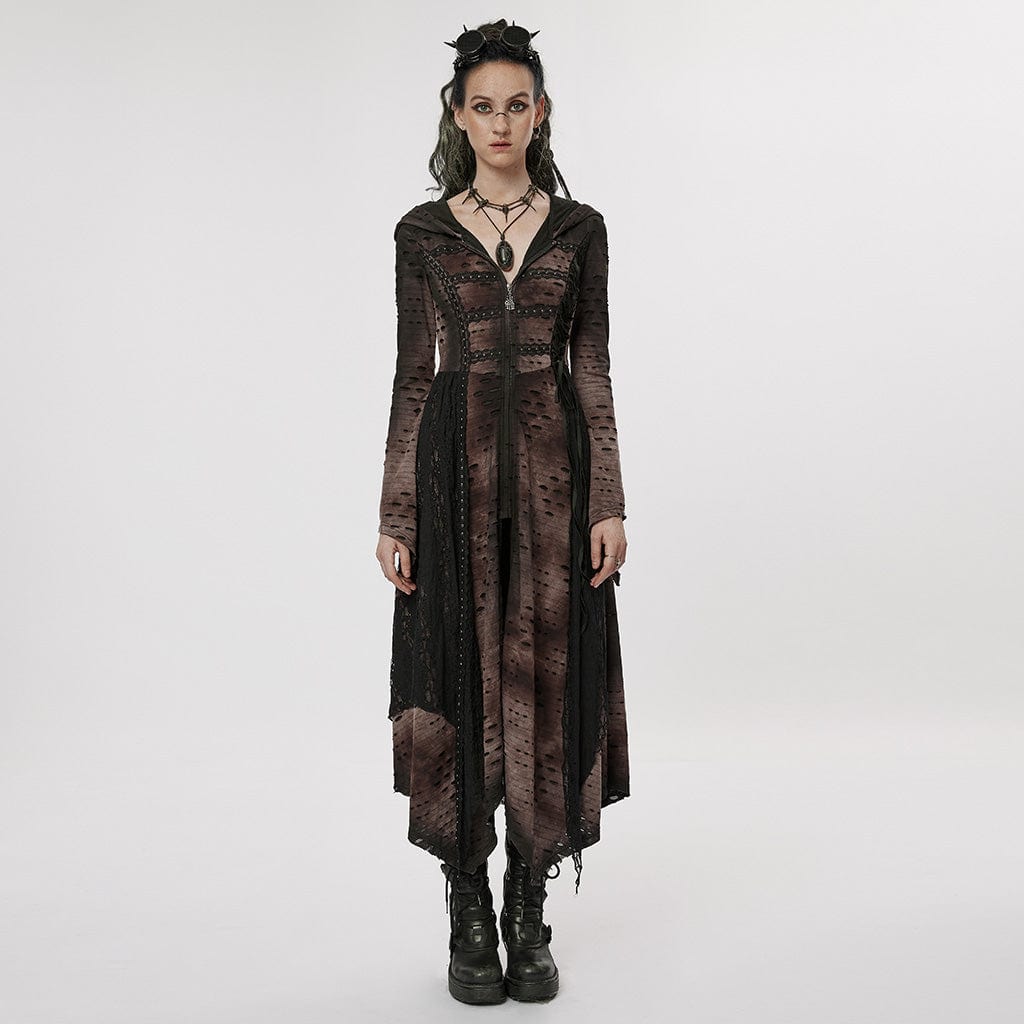 PUNK RAVE Women's Punk Irregular Ripped Long Coat with Hood