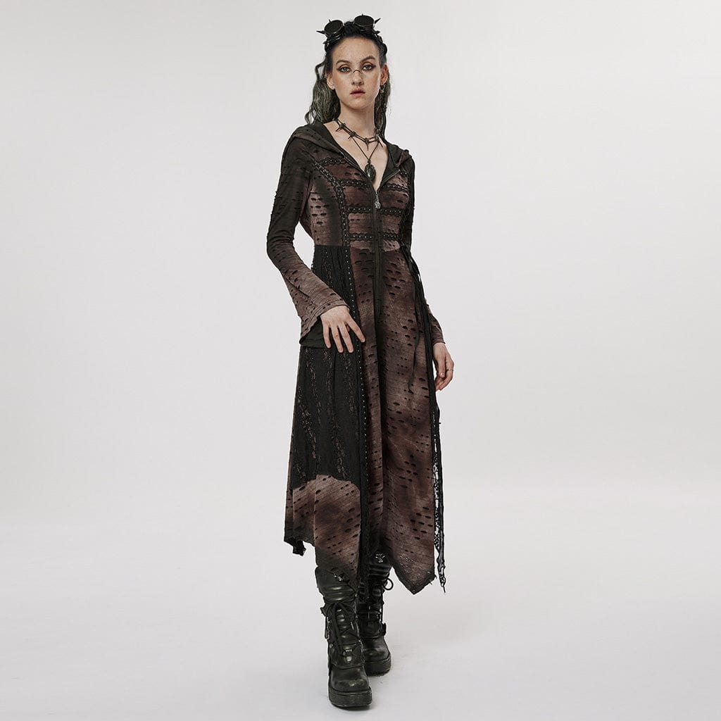 PUNK RAVE Women's Punk Irregular Ripped Long Coat with Hood