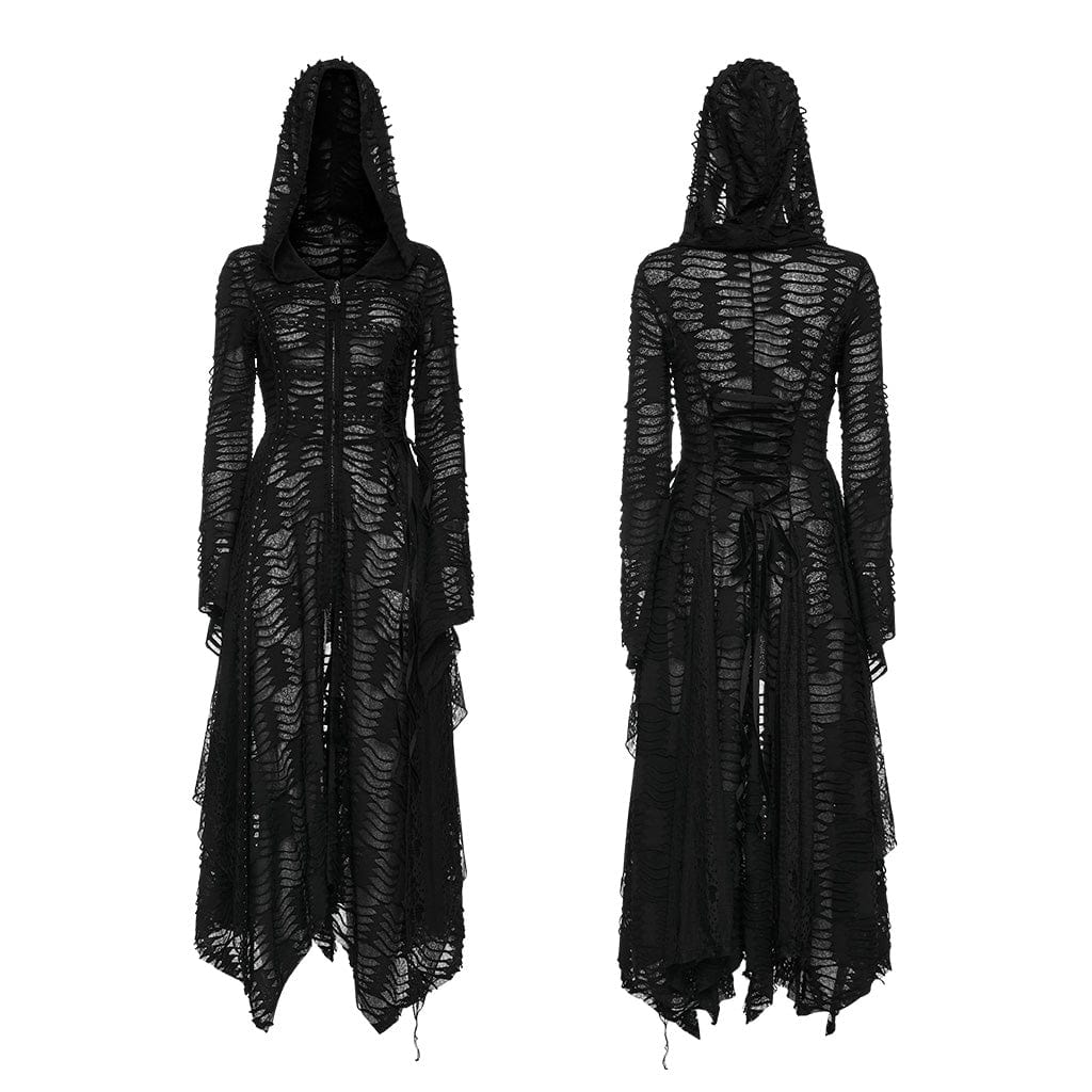 PUNK RAVE Women's Punk Irregular Ripped Long Coat with Hood