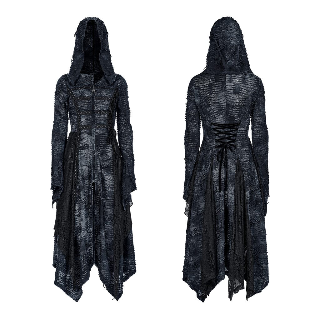 PUNK RAVE Women's Punk Irregular Ripped Long Coat with Hood