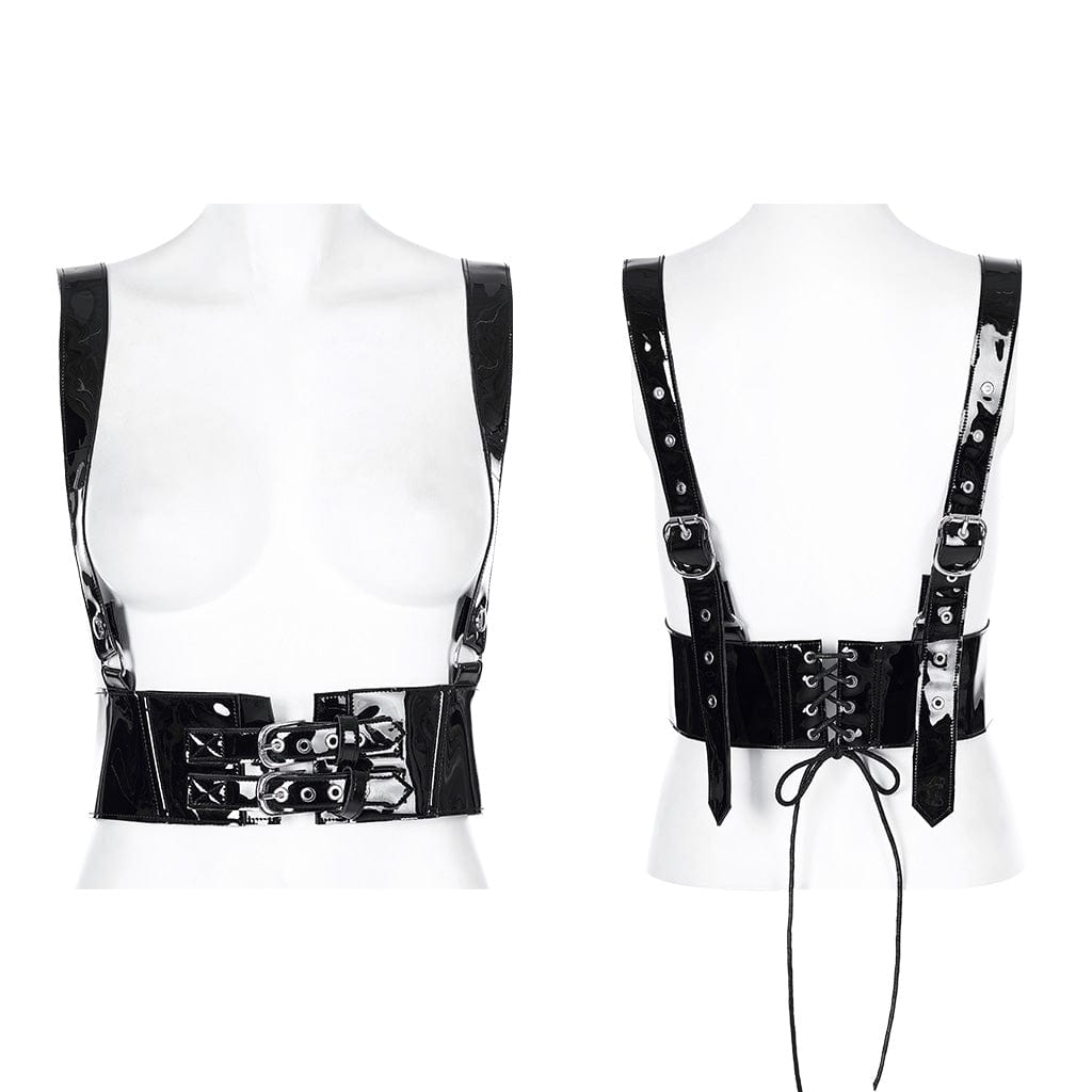 PUNK RAVE Women's Punk Lacing-up Faux Leather Wide Belt with Shoulder Straps