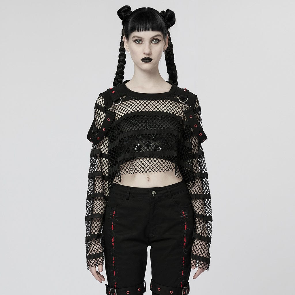 PUNK RAVE Women's Punk Mesh Crop Top with Straps