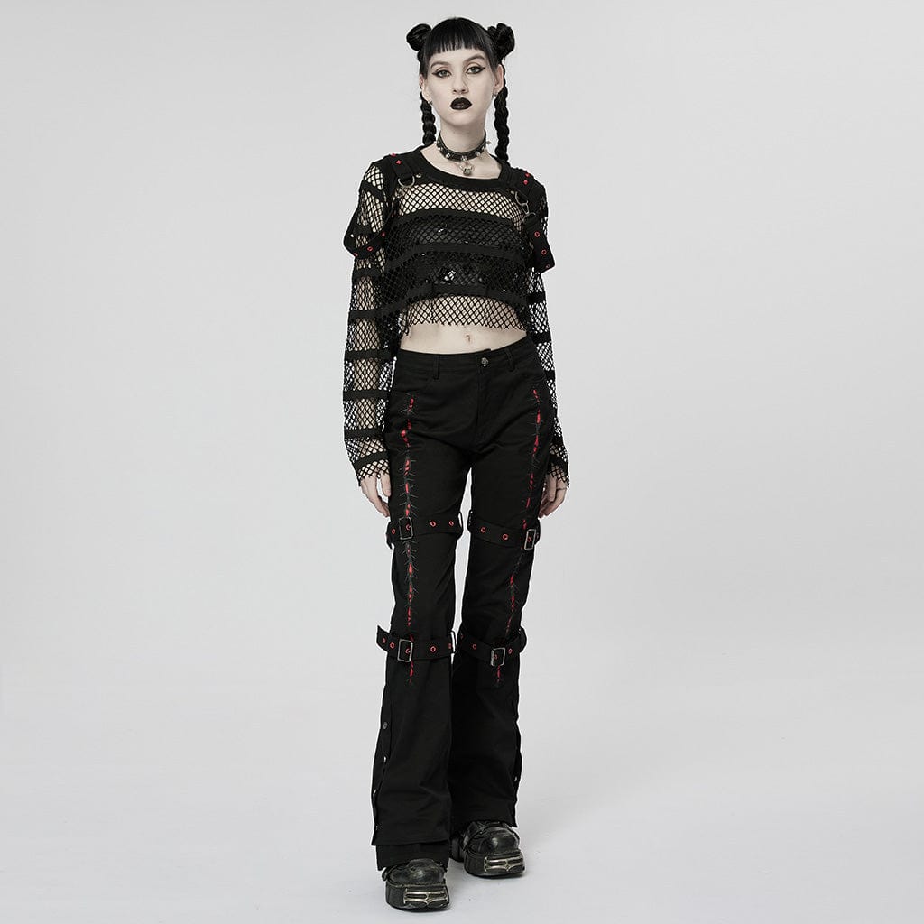 PUNK RAVE Women's Punk Mesh Crop Top with Straps