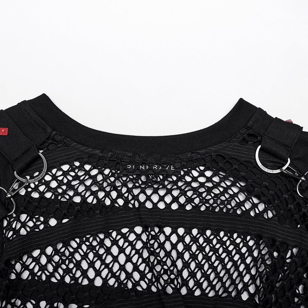 PUNK RAVE Women's Punk Mesh Crop Top with Straps