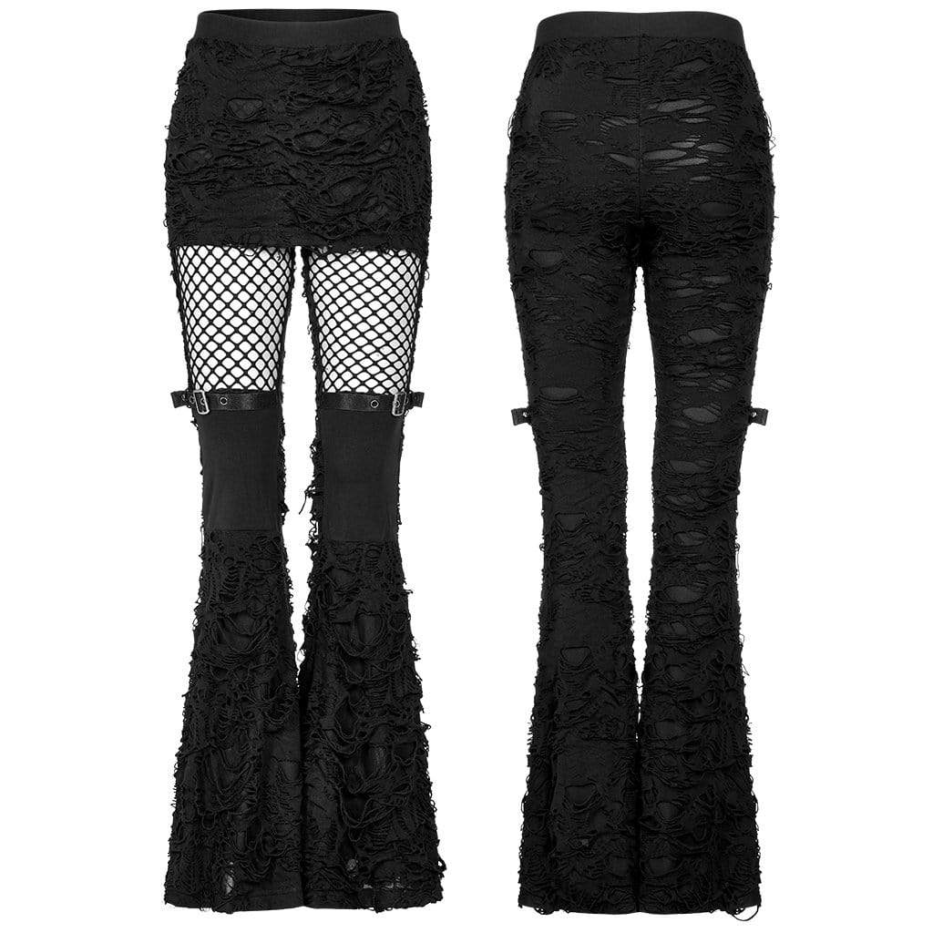 Punk Rave Women's Punk Mesh Splice Ripped Flared Pants