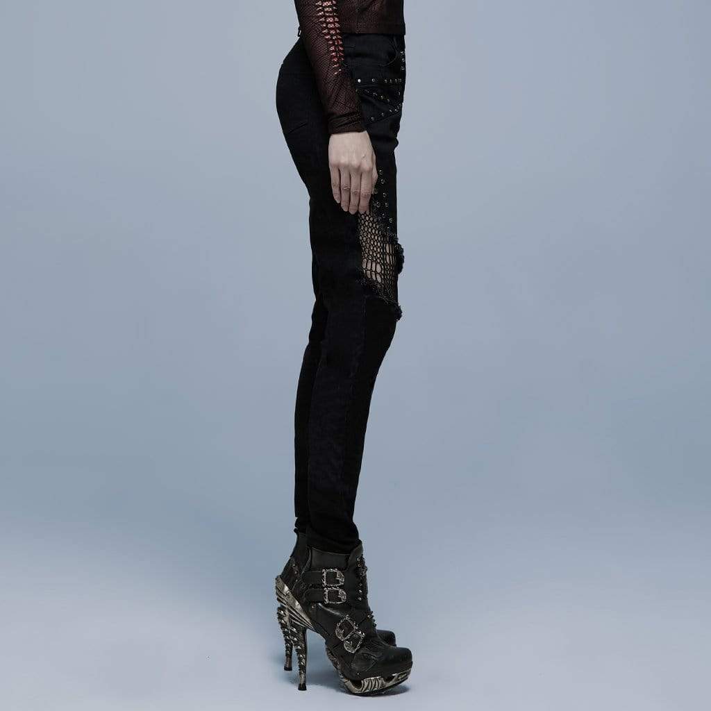 Punk Rave Women's Punk Mesh Splice Rivet Pants