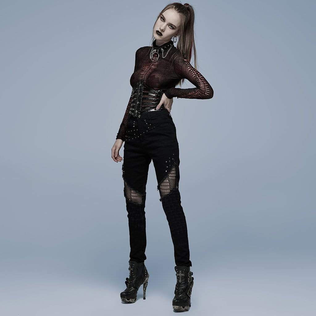 Punk Rave Women's Punk Mesh Splice Rivet Pants