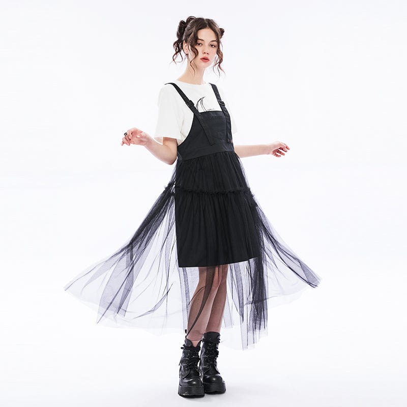 PUNK RAVE Women's Punk Mesh Splice Suspender Skirt