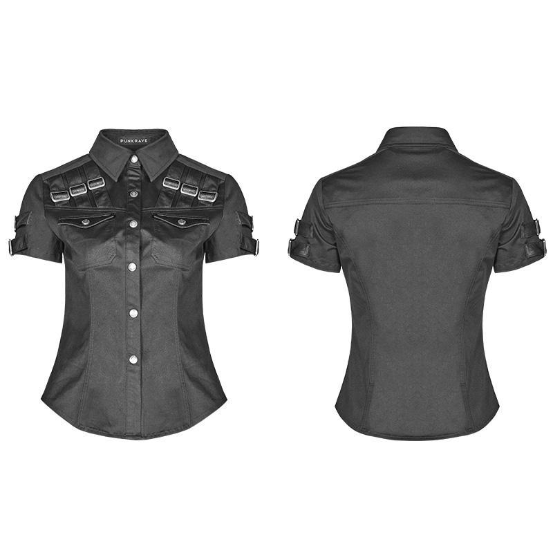 Women's Punk Military Turndown Collar Short Sleeve Black Shirt