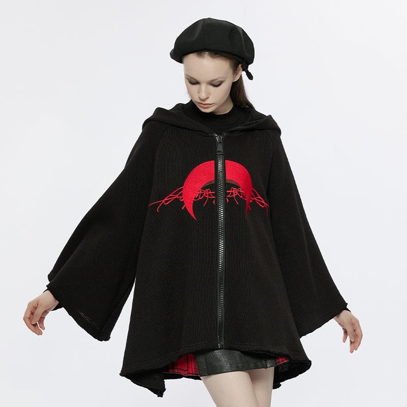 PUNK RAVE Women's Punk Moon Embroidered Loose Coat with Witch Hood