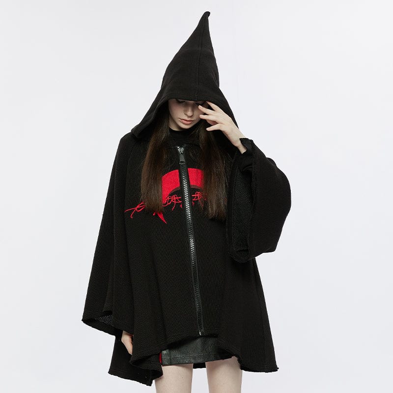 PUNK RAVE Women's Punk Moon Embroidered Loose Coat with Witch Hood