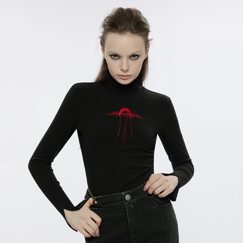 PUNK RAVE Women's Punk Moon Embroidered Turtleneck Shirt