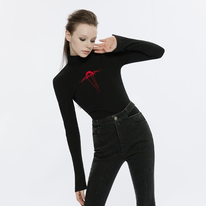PUNK RAVE Women's Punk Moon Embroidered Turtleneck Shirt