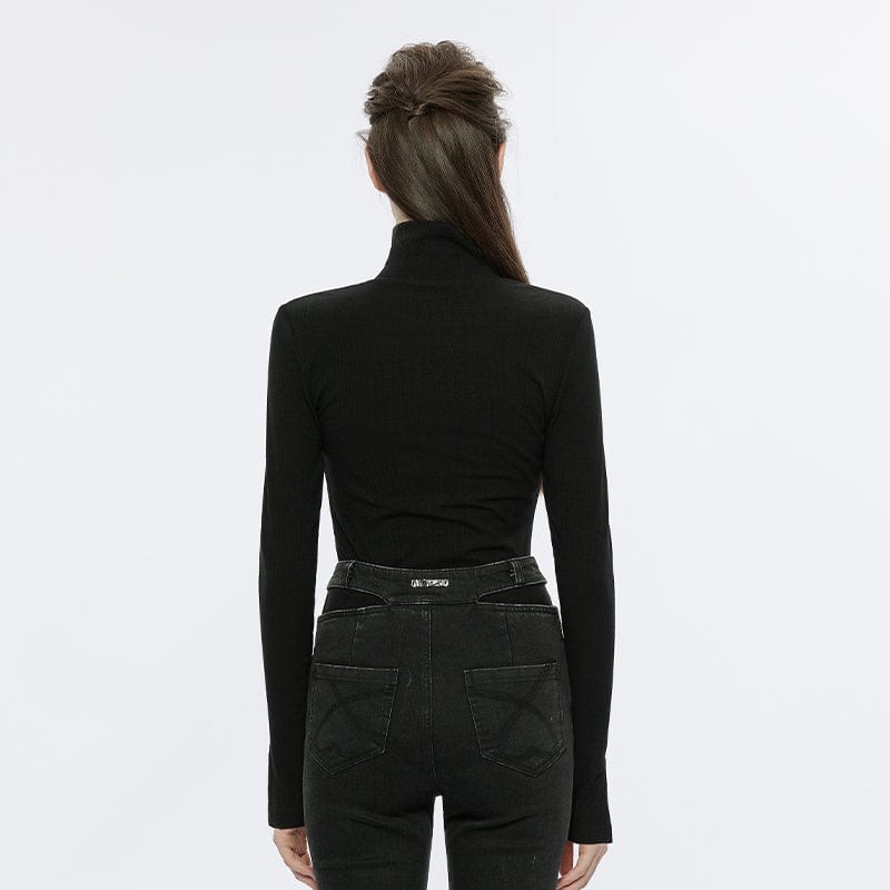 PUNK RAVE Women's Punk Moon Embroidered Turtleneck Shirt