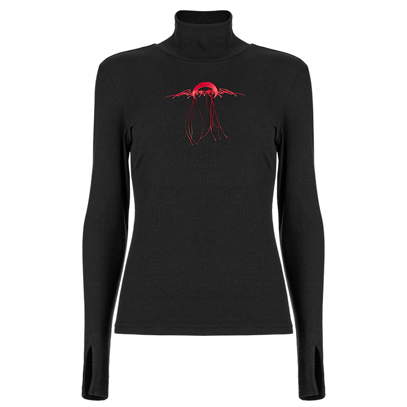 PUNK RAVE Women's Punk Moon Embroidered Turtleneck Shirt