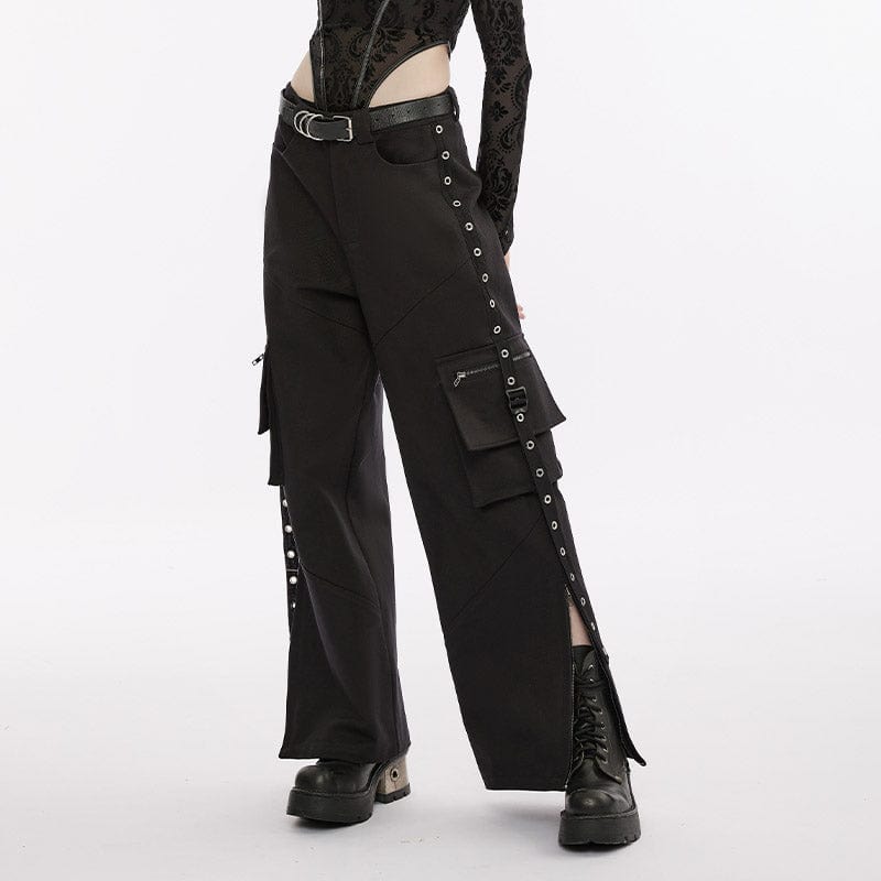 PUNK RAVE Women's Punk Multi-pocket Eyelets Straight Pants