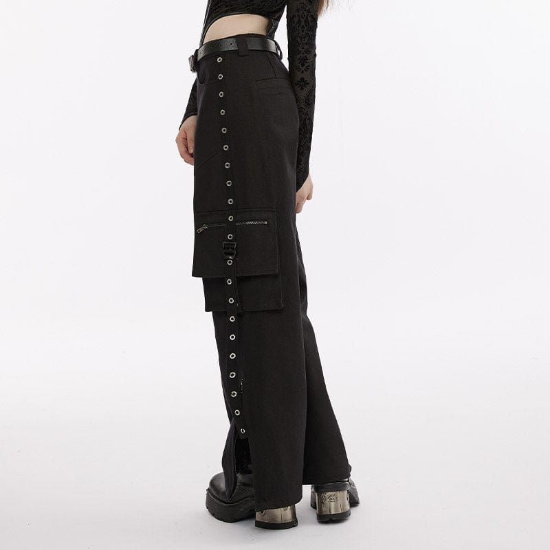 PUNK RAVE Women's Punk Multi-pocket Eyelets Straight Pants