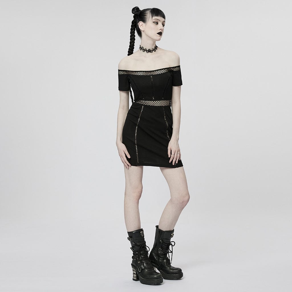 PUNK RAVE Women's Punk Off Shoulder Mesh Splice Dress