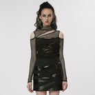 PUNK RAVE Women's Punk Off Shoulder Ripped Mesh Top