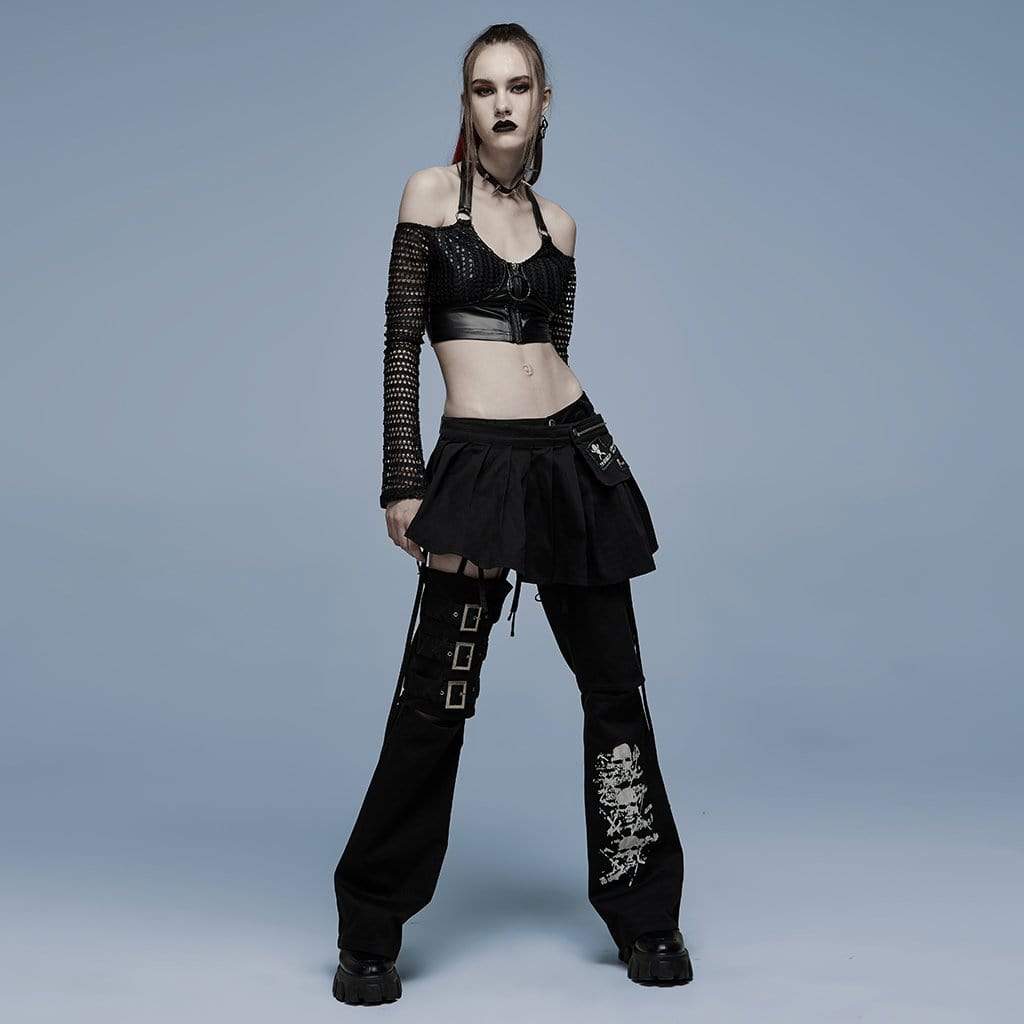 Punk Rave Women's Punk Off Shoulder Splice Mesh Crop Top