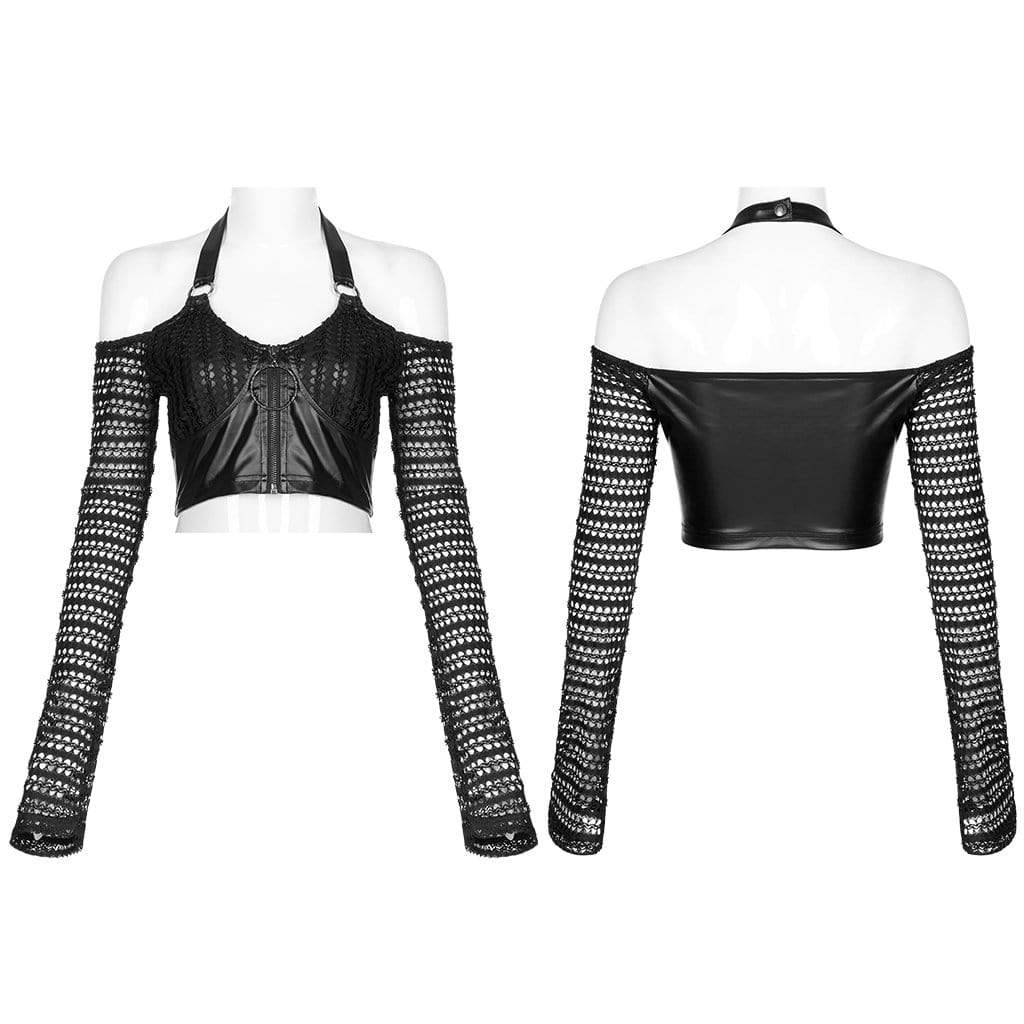 Punk Rave Women's Punk Off Shoulder Splice Mesh Crop Top