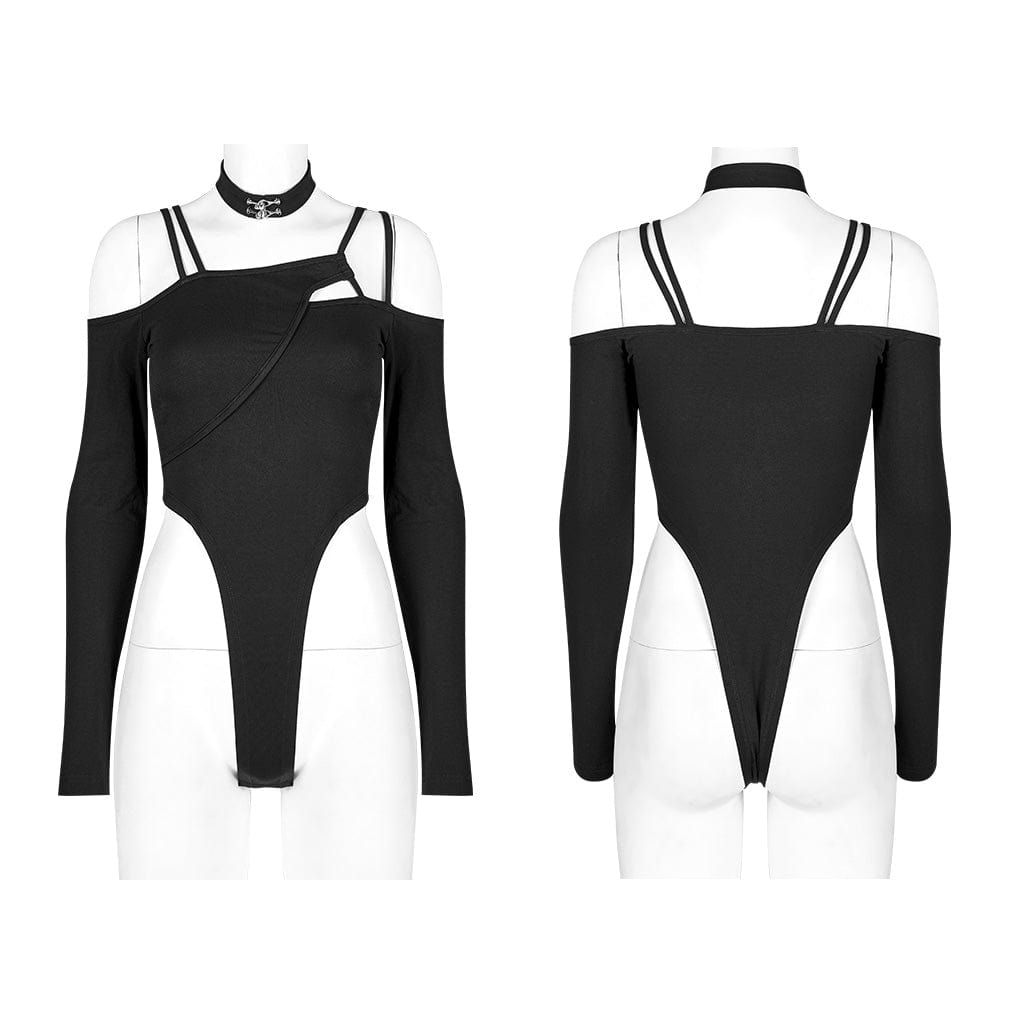 Punk Rave Women's Punk Off Shoulder Straps Bodysuit with Choker