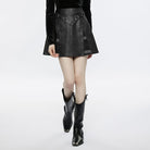 PUNK RAVE Women's Punk Plaid Splice Faux Leather Skirt with Belt
