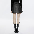 PUNK RAVE Women's Punk Plaid Splice Faux Leather Skirt with Belt