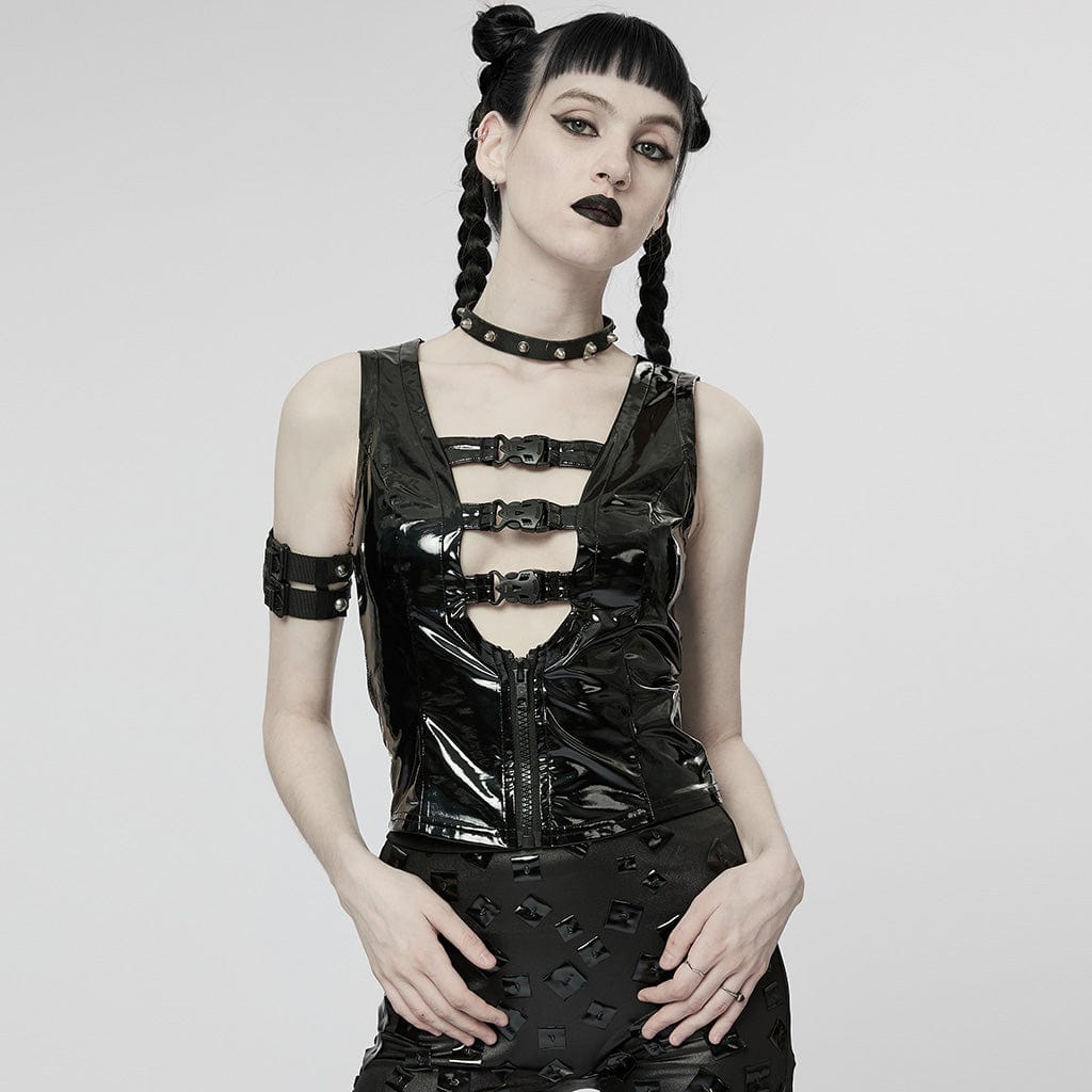 PUNK RAVE Women's Punk Plunging Buckles Patent Leather Vest